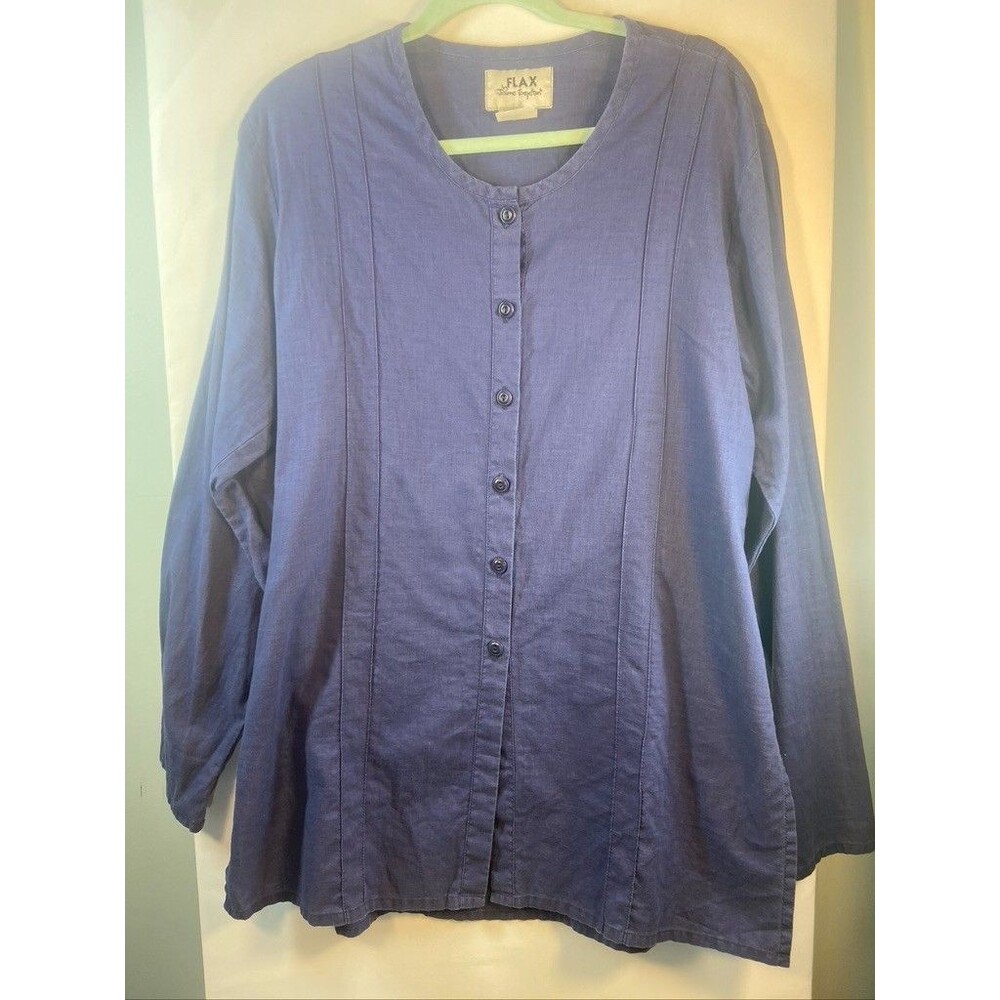 FLAX BY JEANNE ENGELHART WOMENS SMALL LINEN/COTTON BLUE LONG SLEEVE TUNIC BLOUSE